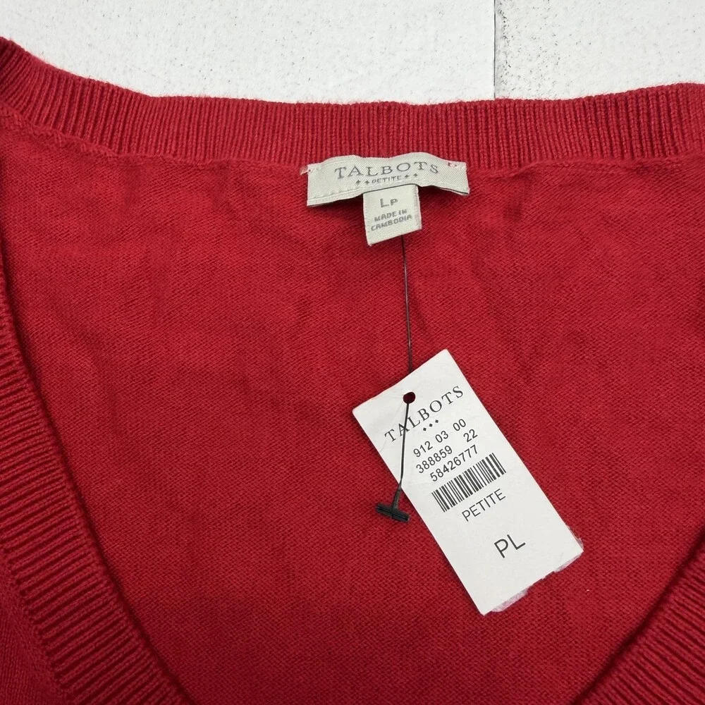 Talbots Sweater Womens Petite PL Red V Neck Long Sleeve Tight Knit Pullover